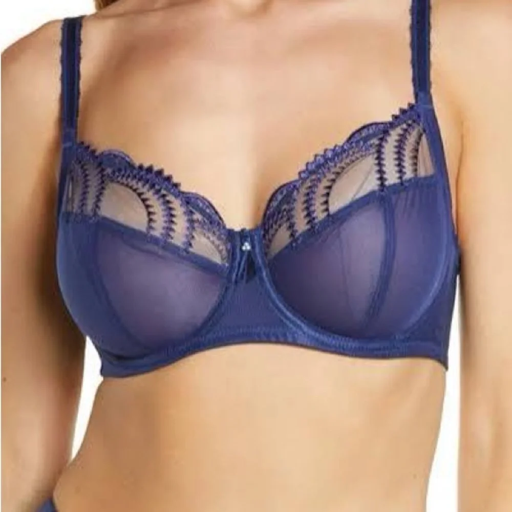 Wacoal Evocative Edge Blue Navy Sheer Lace Bra 855304 Size 36DD - Picture 1 of 7